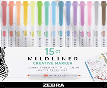 Zebra Pen Mildliner, Double Ended Highlighter, Broad and Fine Tips, Assorted colors, 15-Count