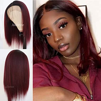Aubree Short Hair Synthetic Lace Front Wig Burgundy Ombre Silky Straight Glueless Heat Resistant Synthetic Bob Lace Wigs for Women