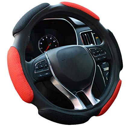 FHQSX Auto Steering Wheel Cover Hand Pad Cushion Slip-on Universal Fit 15'' / 38 cm (Black&red)