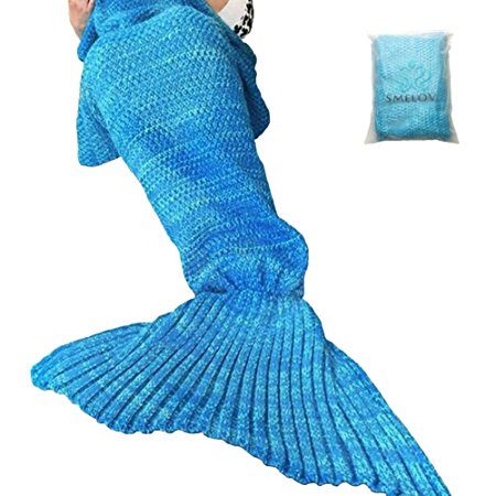 SMELOV Mermaid Tail Blanket and Handmade Crochet Sleeping Blanket,Super Soft All Seasons Sleeping Bags,Best Chrismas Gift for Adult Kids,71" X 35.5",Blue