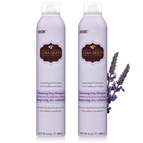 HASK Dry Shampoo Kits for all hair types, aluminum free, no sulfates, parabens, phthalates, gluten or artificial colors, Volumizing Chia Seed - Set of 2 Large 6.5oz Cans
