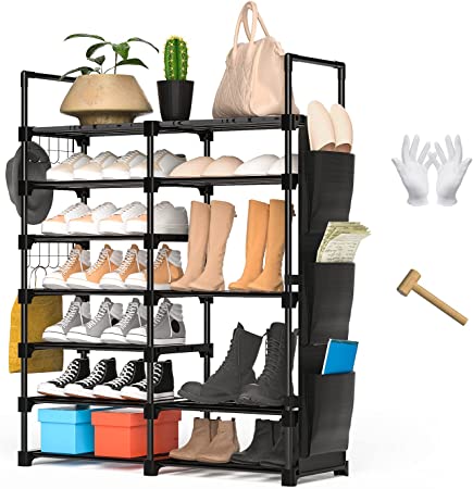 Shoe Rack for Entryway, Ohuhu 7 Tiers 30 Pairs Metal Black Shoe Shelf Racks, Boot Shoes Organizer Storage Free Standing, Shoe Tower for Closet or Outdoor with 2 Side Hooks 3 Pockets Bag Room Organizer