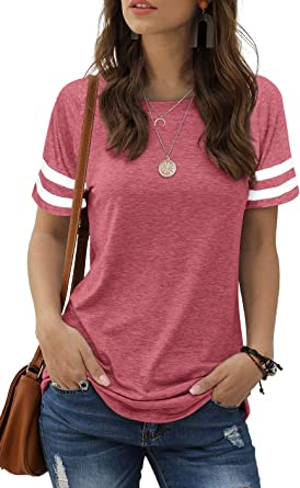 Sieanear Womens T Shirts Short Sleeve Striped Color Block Leopard Casual Tops