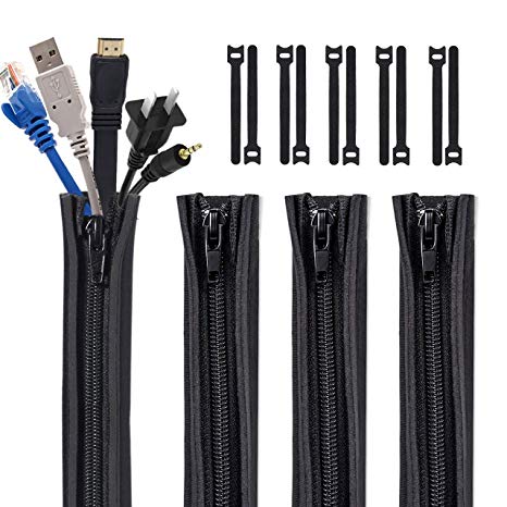 Kootek 4 Pack Cable Management Sleeve with 10 Pieces Cable Tie, 19.5 inch Cord Organizer Cable Wrap Wires Cover Sleeves Wraps Wire Hider System with Zipper for TV Computer PC Desk Home Electronics