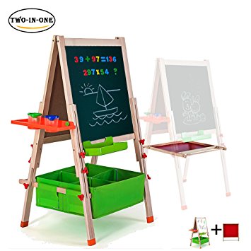 Deluxe Easel for Kids,Gimilife Folding Wooden Art Easel with Chalkboard, Whiteboard, and Storage Bins or Tray, Standing Easel with Magnetic Letters for Early Education (Wood, Fit for 2-14 Years Old)