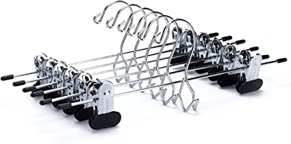 12 Quality Pants Hangers Heavy Duty Add-on Skirt/Slack Metal Hanger, Extra Wide Adjustable Clips, Multi Stackable Add on Hangers, Chrome, Jeans, Bottoms (12)