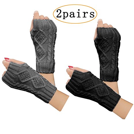 2 Pair Women's Hand Crochet Winter Warm Fingerless Arm Warmers Gloves