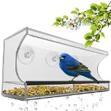Large Window Bird Feeder - Clear Removable Tray Drain Holes and Beautiful Packaging Enjoy Wild Birds Up Close From Inside Your House Best Gift For Bird Lovers Kids and Pets 3 Heavy Duty Suction Cups