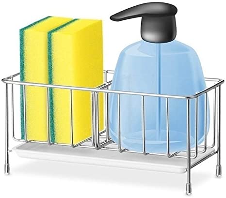 Sponge Holder, Stainless Steel Sink Caddy Sink Tray Drying Rack Soap Scrubber Brush Organizer, Silver