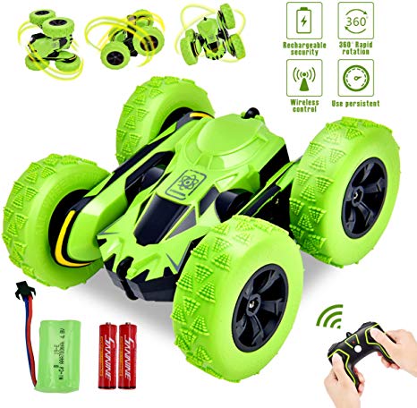 Yuboa Stunt RC Car 4WD Remote Control Car,2.4GHz Double Sided Rotating 360 Degree Flip Stunt Car Off Road Racing Car Electric Rechargeable Stunt Vehicle Toy for Kids Boys Green