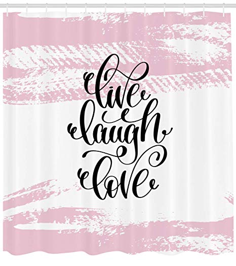 Ambesonne Live Laugh Love Shower Curtain, Abstract Pink Toned Brush Strokes Backdrop with Hand Lettering Quote, Cloth Fabric Bathroom Decor Set with Hooks, 84 inches Extra Long, Blush Black White