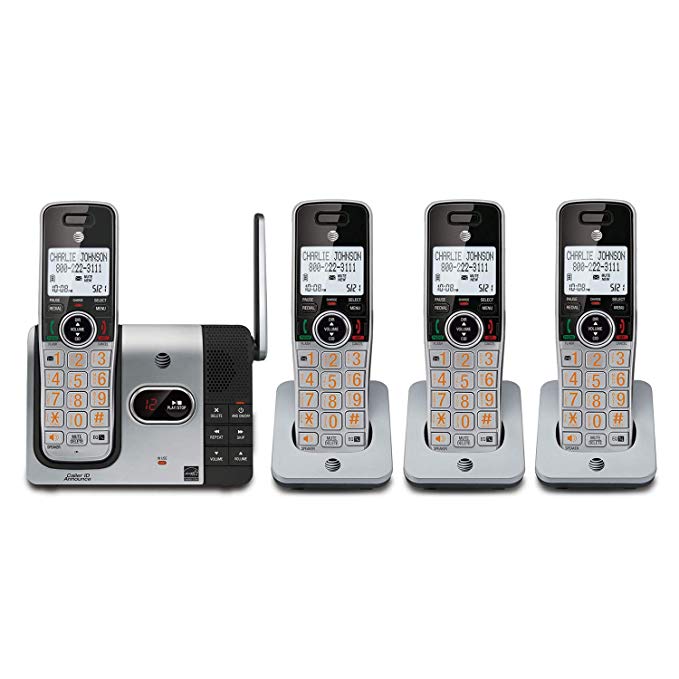 AT&T CL82414 DECT 6.0 Expandable Cordless Phone with Answering System and Caller ID, Silver/Black 4 Handsets