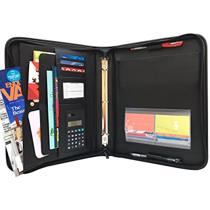MSP 3 Rings Binder Portfolio Briefcase in PU Leather with Calculator, writing board, zipper pockets, Handles, LED Light (047)