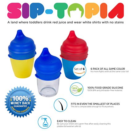 Sip-Topia Safe Sippy Lid (6 Pack) - Blue Universal Food Grade Lid Spill & Leak Proof