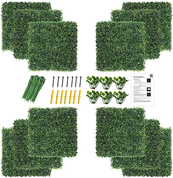 KASZOO 12Pack 20"x20" Artificial Boxwood Grass Backdrop Panels Topiary Hedge Plant, UV Protected Privacy Hedge Screen Faux Boxwood for Outdoor,Indoor,Garden,Fence,Backyard,Greenery Walls