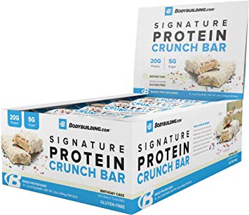 BodyBuilding.Com Birthday Cake Signature Protein Crunch Bar | 20g Whey Protein Low Sugar | Gluten Free No Artificial Flavors | 12 Bars