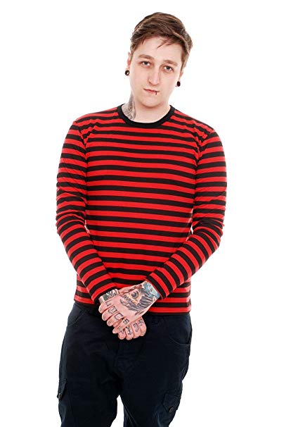 Mens Indie Retro 60's Black & Red Striped Long Sleeve T Shirt