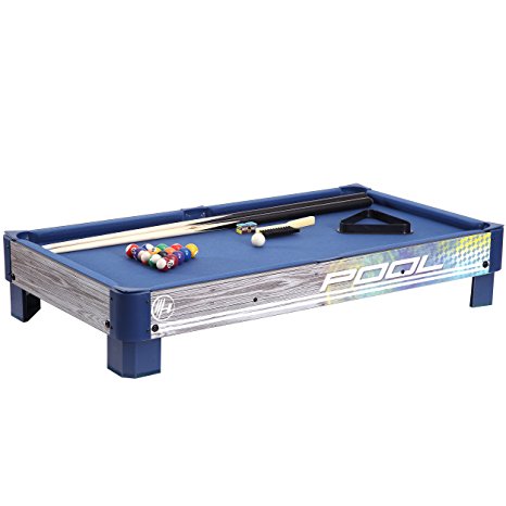 Harvil Tabletop Pool Table with L-style Legs. Includes 2-Pieces 36-Inch Pool Cues, 1 Set of Billiard Balls, Chalk and Triangle