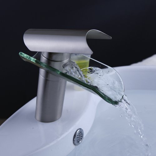 Aquafaucet Waterfall Bathroom Sink Faucet Brushed Nickel Glass Spout