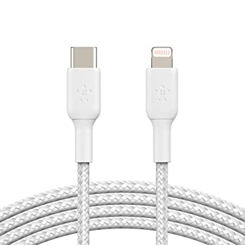 Belkin Braided USB-C to Lightning Cable (iPhone Fast Charging Cable for iPhone 8 or Later) Boost Charge MFi-Certified iPhone USB-C Cable, 6.5ft/2m, White