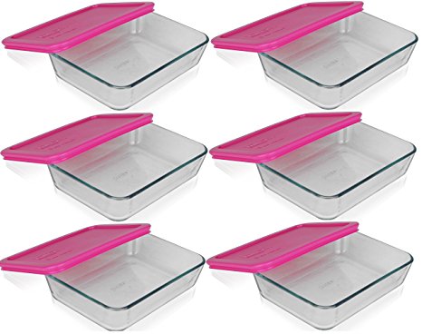 Pyrex 3-cup Rectangle Glass Food Storage Containers With pink Plastic Lids.Use For Lunch Box, Storage Food ,And Baking Dish (pack of 6 Glass Containers) )