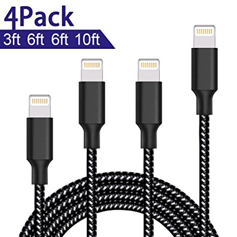 Lightning Cable,AOFU Charger Cables 4Pack 3FT 6FT 6FT 10FT to USB Syncing and Charging Cable Data Nylon Braided Cord Charger for iPhone 7/7 Plus/6/6 Plus/6s/6s Plus/5/5s/5c/SE and more (Black&White)