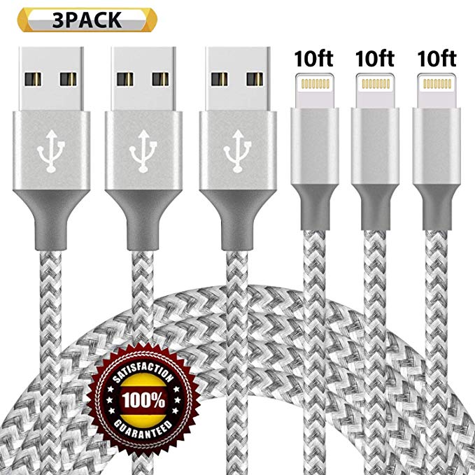 BULESK Phone Cable 3Pack 10Ft Nylon Braided USB Charging & Syncing Cord Compatible Phone Xs/XS Max/XR/X/Phone 8 8 Plus 7 7 Plus 6s 6s Plus 6 6 Plus Pad Pod Nano - Grey White