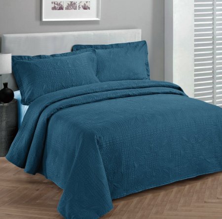 Fancy Collection 2pc Luxury Bedspread Coverlet Embossed Bed Cover Solid Blue New Over Size Twin/Twin XL