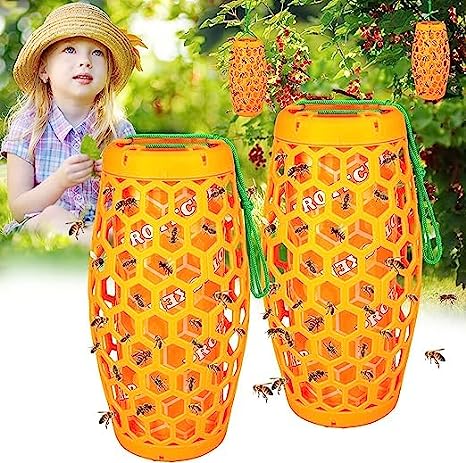 Wasp Traps Outdoor Hanging, Carpenter Bee Trap for Outside, wasp Repellent for Indoor/Outdoor, Insect Trap, Yellow Jacket Trap, Bee Killer, Fake Wasp Nest&Paper Wasps -2 Pack 4 Sticky Boards(Orange)