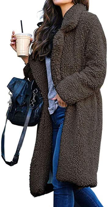 Angashion Women's Fuzzy Fleece Lapel Open Front Long Cardigan Coat Faux Fur Warm Winter Outwear Jackets with Pockets