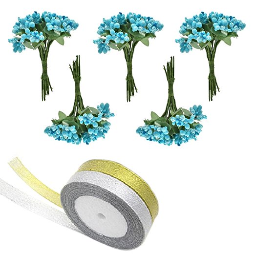 5 Bunches Mini Artificial Stamen Bud Bouquet flower for home Garden wedding Car corsage decoration Box crafts Supplies Wreath with Silver & Golden Ribbon by Crqes