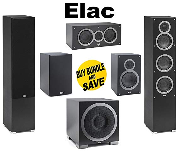 (1Pair) ELAC -Debut F5 Tower Speakers (Ea)   ELAC C5 Debut 5.25" Center Speaker   ELAC S10EQ Debut 400Watt Subwoofer with AutoEQ   ELAC B5 Debut 5.25" Bookshelf Speakers (Pair) Bundle