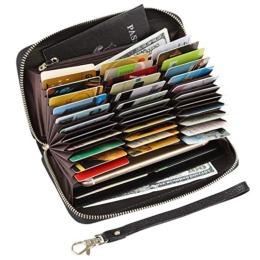 Women's RFID Blocking 36 Slots Card Holder Long Big Leather Zipper Wristlet Clutch Wallet