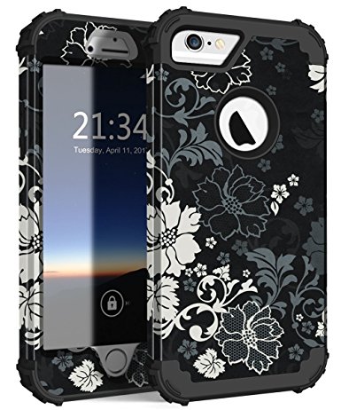 iPhone 6(s) Case, Hocase Drop Protection Shock Absorbing Silicone Bumper Hard Shell Hybrid Dual Layer Full-Body Protective Case for Apple iPhone 6/iPhone 6s (4.7") - Classic Black/White Flowers