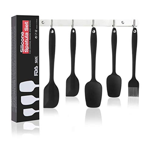 Somine 5-Piece Non-Stick Silicone Kitchen Utensils Set with Different Shapes Mixing Spatula Scraper and 1 Bonus Grilling Brush,Color:Black