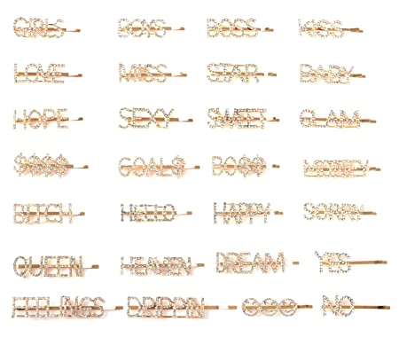 28 Pieces Letter Hair Clips Glitter Word Pins Wedding Crystal Rhinestones Hair Barrettes GIRLS BOYS BOSS KISS LOVE MISS STAR BABY HOPE SEXY SWEET GLAM $$$$ GOAL$ BO$$ MONEY for Girls (Gold)