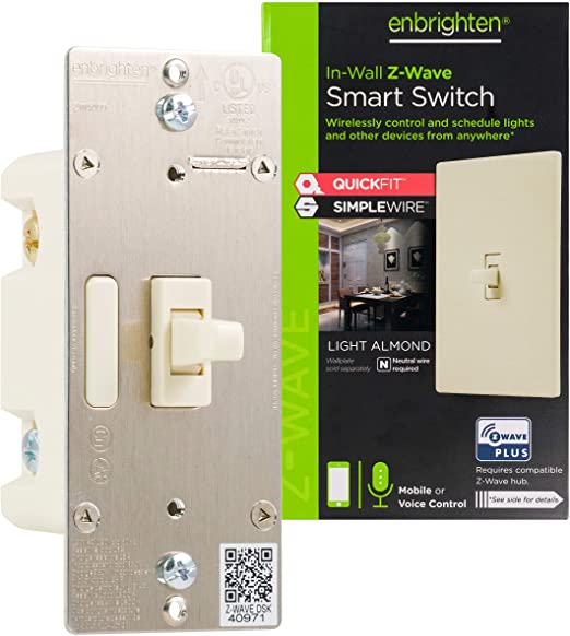 Enbrighten Almond Z-Wave Plus Smart Light Switch with QuickFit and SimpleWire, 3-Way Ready, Compatible with Alexa, Google Assistant, ZWave Hub Required, Repeater/Range Extender, Toggle, 14293