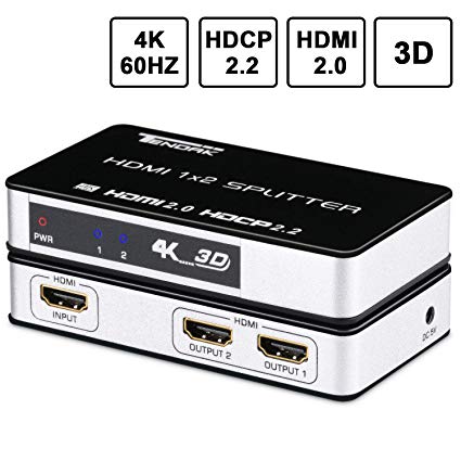 HDMI 2.0 Splitter, Tendak 2 Port 4K HDMI Powered Splitter Distributor Amplifier Support 4K@60HZ RGB and YUV, HDCP 2.2, EDID, 18Gbps for Dual Monitor Xbox One X PS4 Pro TV (1 in 2 Out)