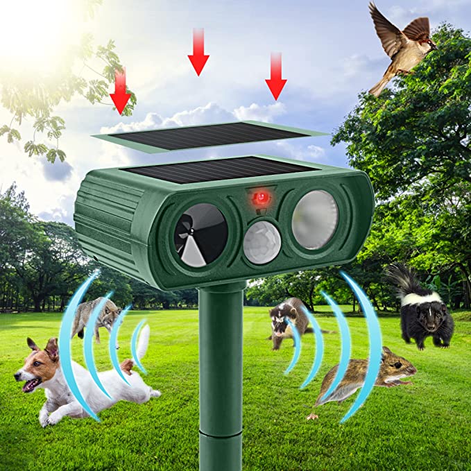 Solar Animal Repeller, Ultrasonic Outdoor Mole Repellent with Motion Sensor and Led Light Alarm, Waterproof Animal Repeller for Cat, Dog, Squirrel, Deer, Fox
