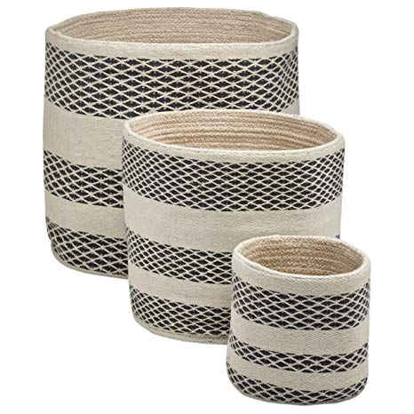 Rivet Modern Geometric Handwoven Round Basket Set - Set of 3, White / Black