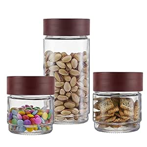 CELLO Modustack Glassy Storage Jar | Glass Jar with Lid | Air Tight Steel Lid and Stackable | For Storage of Food, Pulses, Spice, Cereals, Cookies, Dry Food | Set of 3 | 500ml x 2   1000ml, Maroon