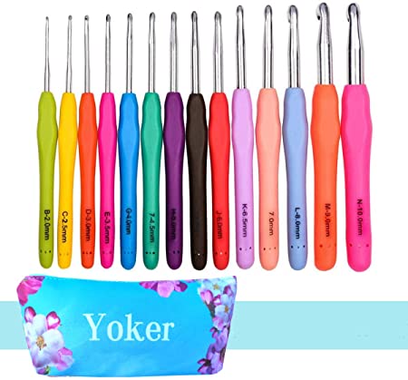 14 Sizes Crochet Hooks Set,2mm(B)-10mm(N) Ergonomic Crochet Needles with Case Soft Grip Handles Yarn for Arthritic Hands, Extra Long Crochet Needles Kit (14 Sizes Crochet Hooks Set)