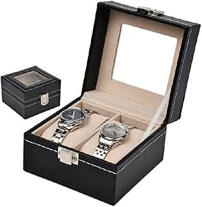 Teensery Watch Box 2 Slots Black Leather Watches Storage Case Glass Top Watch Case Organizer Jewelry Display Case for Men and Women