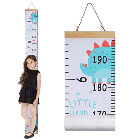 Growth Chart for Kids,Canvas & Wood Handing Removable Wall Ruler, Cartoon Height Measurement, Scale, Ruler for Nursery, School and Kid Room Wall Decor（Dinosaur)