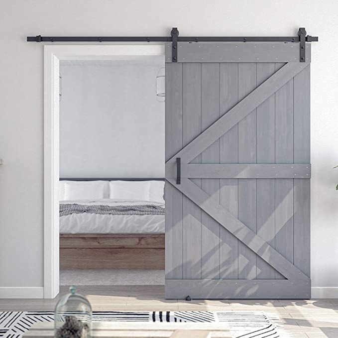 SMARTSTANDARD 48in x 84in Sliding Barn Door with 8ft Barn Door Hardware Kit & Handle, Pre-Drilled Ready to Assemble, DIY Unfinished Solid Spruce Wood Panelled Slab, Frameless K Shape, Grey