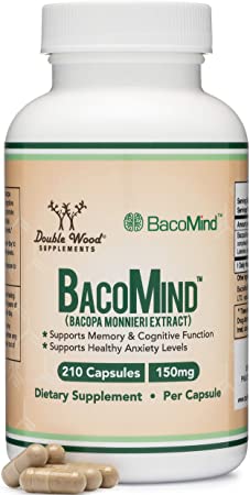 BacoMind Organic Bacopa (Patented and Clinically Proven Form of Bacopa Monnieri Extract) 210 Vegan Capsules, Promotes Learning and Memory, Reduces Anxiety by Double Wood Supplements