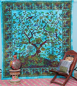 Labhanshi Tree Of Life with Floral Bird Queen 220cm x 240cm Multi-Purpose Throw Tapestry