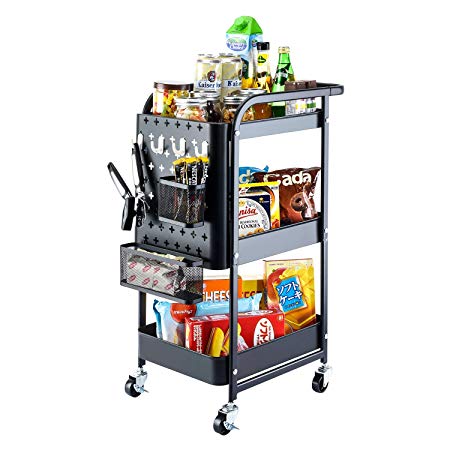 Titan Mall Metal Storage Rolling Cart, 3-Tier Organizer Cart with Removable Pegboard Hooks and Utility Handle for Kitchen Office Classroom, Black