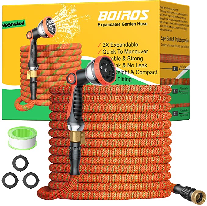 BOIROS Garden Hose 100ft, Expandable and Flexible Water Hose with 10 Function High-Pressure Spray Nozzle, Premium Solid Brass Connector Leakproof Latex Core Fittings No Kink Lightweight Expanding Hose