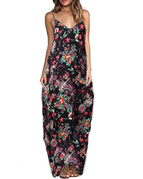 ZANZEA Women's Boho Floral Print V Neck Spaghetti Strap Long Maxi Dress Sundress